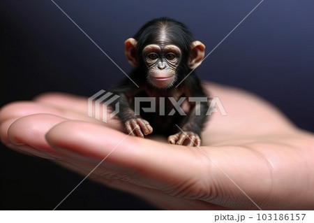 Chimpanzee ape monkey tiny smallest animal in the world standing on human hand illustration generative ai 103186157