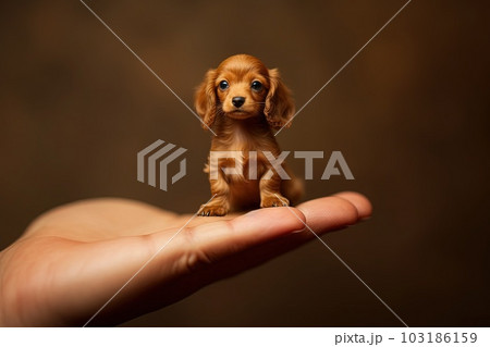 cocker spaniel dog tiny smallest animal in the world standing on human hand illustration generative ai cocker spaniel dog tiny smallest animal in the world standing on human hand illustration generative ai 103186159