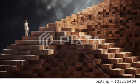 積み木の階段をのぼるビジネスパーソンの男性「AI生成画像」 103186404