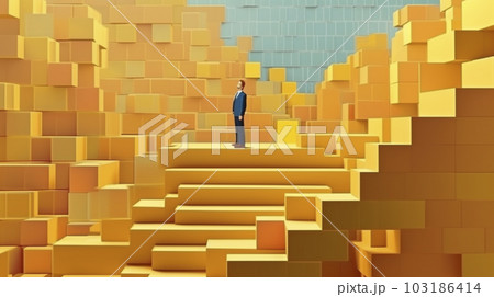 積み木の階段をのぼるビジネスパーソンの男性「AI生成画像」 103186414
