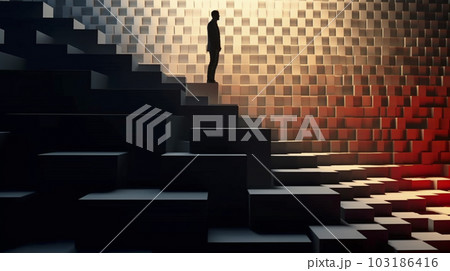 積み木の階段をのぼるビジネスパーソンの男性「AI生成画像」 積み木の階段をのぼるビジネスパーソンの男性「AI生成画像」 103186416