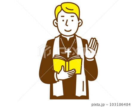 聖書を持ちながら手を挙げる男性の神父 103186484