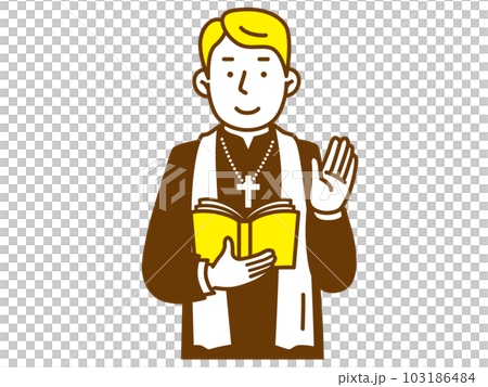 A male priest who raises his hand while holding a Bible 103186484