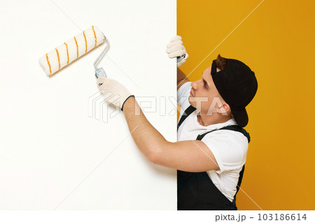 young man in working clothes painting white walls 103186614