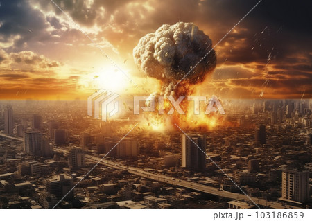 爆発して炎と煙があがる都市「AI生成画像」 爆発して炎と煙があがる都市「AI生成画像」 103186859