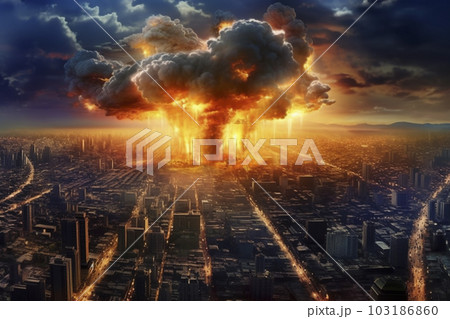 爆発して炎と煙があがる都市「AI生成画像」 103186860