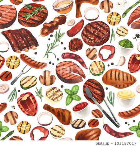 Watercolor seamless pattern barbecue. Elements for cooking bbq - grill, chicken and meat. Hand-drawn illustration isolated on white background. Perfect concept food menu, food drawing, design packing Watercolor seamless pattern barbecue. Elements for cooking bbq - grill, chicken and meat. Hand-drawn illustration isolated on white background. Perfect concept food menu, food drawing, design packing 103187017