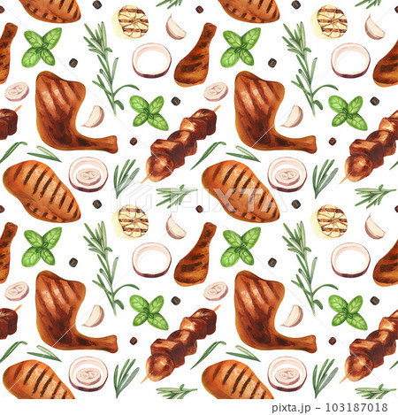 Watercolor seamless pattern barbecue. Elements for cooking bbq - grill, chicken and herbs. Hand-drawn illustration isolated on white background. Perfect concept food menu, food drawing, design packing 103187018
