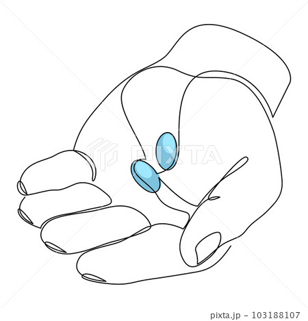 Continuous single line drawing of hand holding two blue pills, capsule, medicine. Hand holding tablets, one line art style. Vector illustration on white background. Continuous single line drawing of hand holding two blue pills, capsule, medicine. Hand holding tablets, one line art style. Vector illustration on white background. 103188107