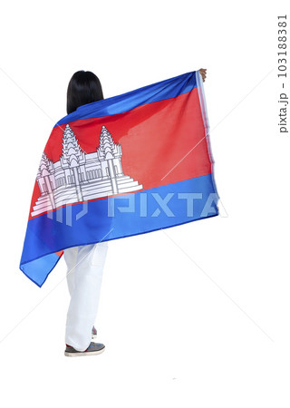 Asian women celebrate Cambodia independence day on 09 November by holding the Cambodia flag 103188381