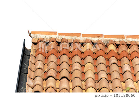 Roof with Terracotta Tiles and Gutter Isolated on White Background Roof with Terracotta Tiles and Gutter Isolated on White Background 103188660
