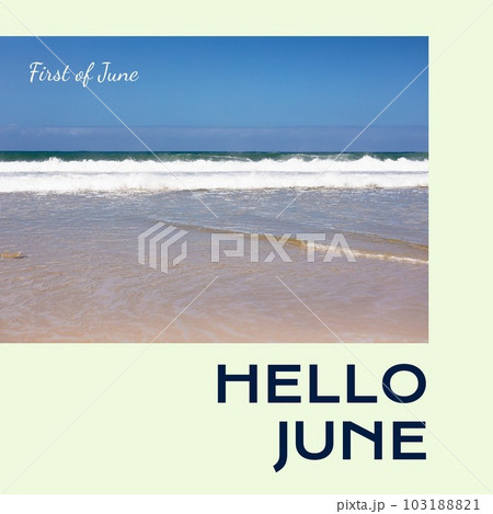 Composition of hello june text and seaside - Stock Photo