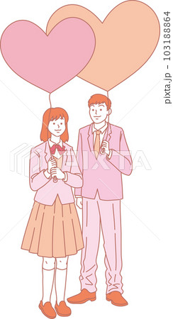ハートの風船を持った人たち_ピンクイエロー_学生男女_全身 103188864