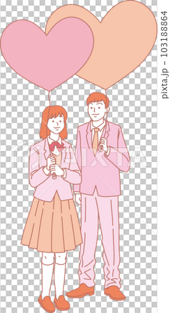 ハートの風船を持った人たち_ピンクイエロー_学生男女_全身 103188864