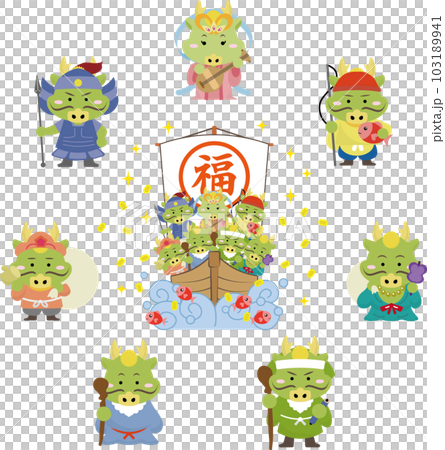 宝船に乗っている龍の七福神たち 宝船に乗っている龍の七福神たち 103189941