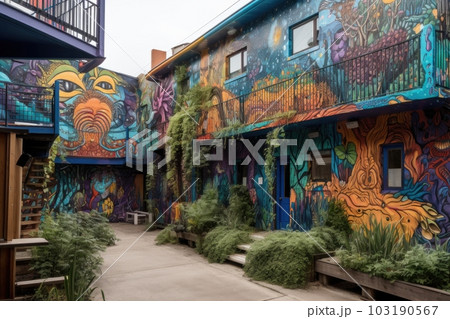 vibrant mural with alien creatures and futuristic cityscape, created with generative ai 103190567