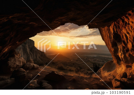 cave with view of the sunset over a mountain range, created with generative ai 103190591