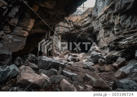 massive cave-in in mountain, with pieces of rock and debris scattered on the ground, created with generative ai 103190724