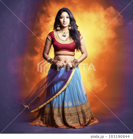 Indian beauty in traditional dress against a fiery studio background, made with generative ai Indian beauty in traditional dress against a fiery studio background, made with generative ai 103190844