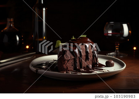 plate of warm chocolate cake drizzled with dark chocolate sauce and paired with sweet wine, created with generative ai 103190983