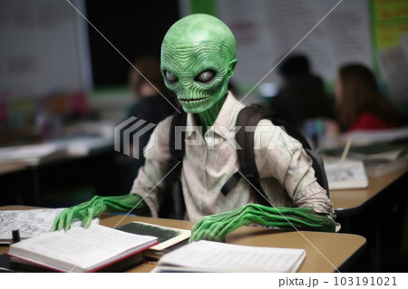 alien student, with books and notes, in classroom full of human students, created with generative ai alien student, with books and notes, in classroom full of human students, created with generative ai 103191021