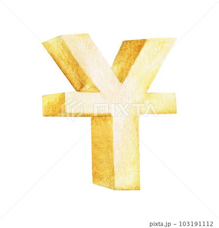 Golden sign of Chinese yuan. Watercolor illustration. 103191112