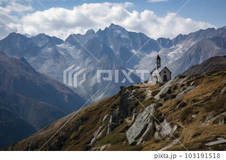 view of majestic mountain range, with a chapel...のイラスト素材 [103191518 ...