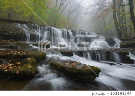 close-up of cascading spring waterfalls, with droplets and mist visible, created with generative ai 103191544