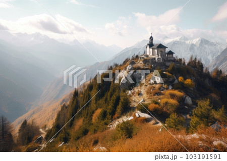 view of majestic mountain range, with a chapel...のイラスト素材 [103191591 ...