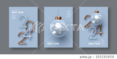 2024 New Year greeting cards, flyers, posters. 3d metallic golden or copper with blue numbers and glossy ball on blue background. Gold realistic 2024. Vector illustration. 2024 New Year greeting cards, flyers, posters. 3d metallic golden or copper with blue numbers and glossy ball on blue background. Gold realistic 2024. Vector illustration. 103191658
