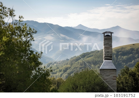 chimney surrounded by serene mountain landscape, created with generative ai 103191752