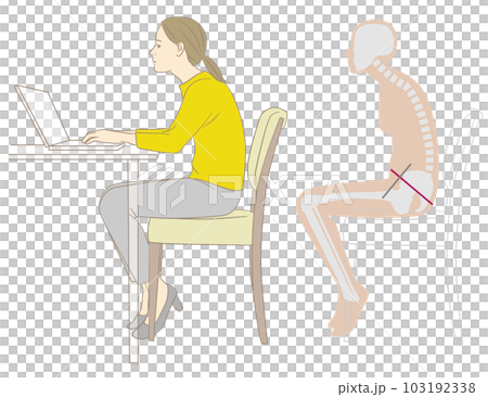 一個女人和一個在辦公桌前以駝背姿勢工作的骷髏 103192338