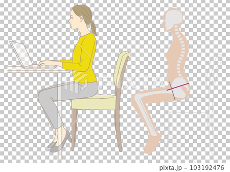 在腰部彎曲的辦公桌前工作的女人和骷髏 在腰部彎曲的辦公桌前工作的女人和骷髏 103192476