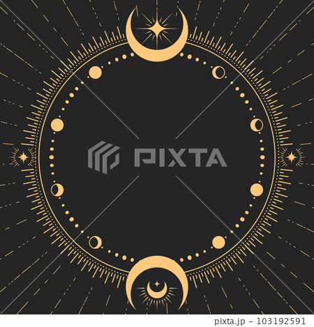 Mystic round frame with lunar phases, tarot magic and astrology border moon decor, vector 103192591