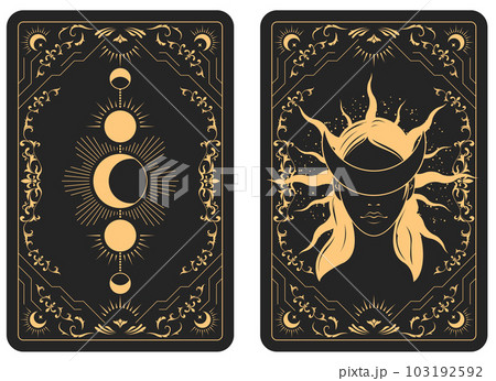 The reverse side of a tarot cards batch, pattern with blindfold witch face and lunar phases, esoteric and mystic symbols, sorcery, vector The reverse side of a tarot cards batch, pattern with blindfold witch face and lunar phases, esoteric and mystic symbols, sorcery, vector 103192592