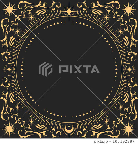 Ornamental mystic round frame with fancy pattern, tarot magic and astrology, border decor, vector 103192597