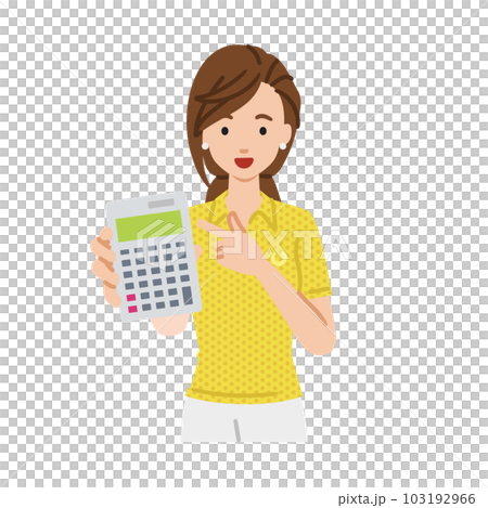 A woman in a polo shirt standing and pointing at a calculator A woman in a polo shirt standing and pointing at a calculator 103192966