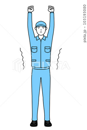 ストレッチで背伸びする帽子と作業着姿の男性 ストレッチで背伸びする帽子と作業着姿の男性 103193080