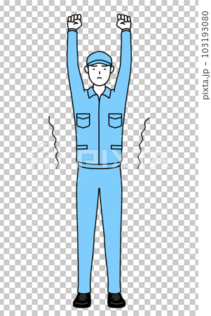 ストレッチで背伸びする帽子と作業着姿の男性 ストレッチで背伸びする帽子と作業着姿の男性 103193080