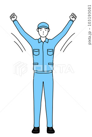 ラジオ体操をする帽子と作業着姿の男性 ラジオ体操をする帽子と作業着姿の男性 103193081