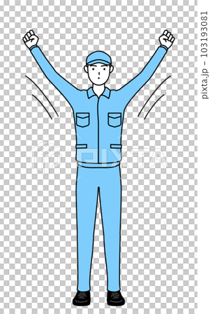 ラジオ体操をする帽子と作業着姿の男性 ラジオ体操をする帽子と作業着姿の男性 103193081