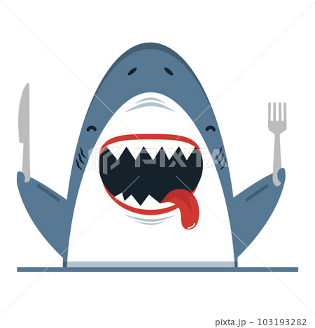 Great white shark holding spoon and fork 103193282