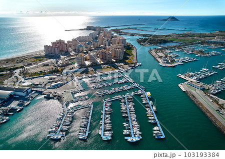 Aerial view of marina in the spanish town of La Manga 103193384