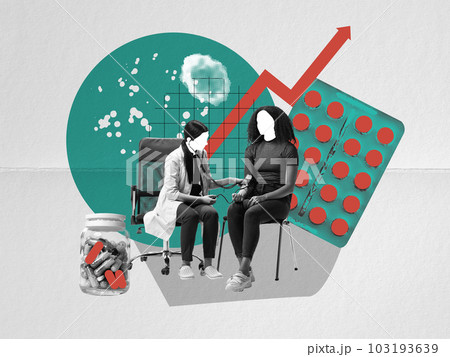 Doctor measuring blood pressure of patient and giving prescription for pills. Full health checkup and illness treatment. Contemporary art collage. 103193639
