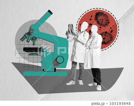 Doctors looking at x-ray of human body, lungs. Cells and viruses check in laboratory. Contemporary art collage. 103193648