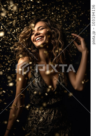 Young woman surrounded golden confetti atのイラスト素材