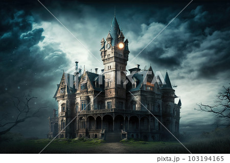 Haunted Gothic castle at night, old spooky mansion under dramatic sky, generative AI. 103194165