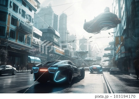 Futuristic city street, aircrafts flying above cars driving on urban road, generative AI Futuristic city street, aircrafts flying above cars driving on urban road, generative AI 103194170