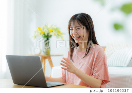 リビングでパソコンを見る女性　　 103196337