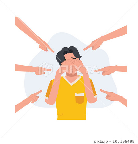 abuse or bullying concept. hands pointing and blaming at depressed man. violence victim bully and social. Flat vector cartoon illustration abuse or bullying concept. hands pointing and blaming at depressed man. violence victim bully and social. Flat vector cartoon illustration 103196499